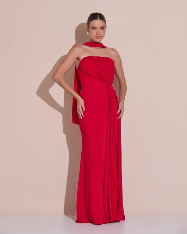 Vestido de Festa Longo Tomara Que Caia Crepe Chiffon Plissado Lenço Vermelho