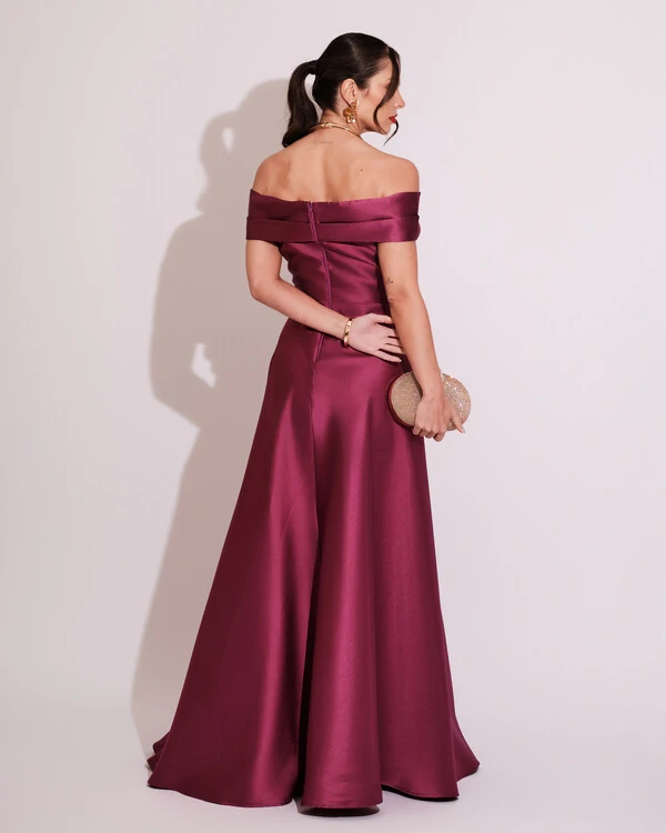 Vestido de Festa Longo Zibeline Ombro a Ombro com Fenda Fúcsia