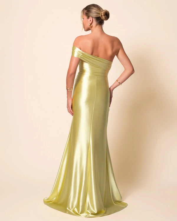 Vestido de Festa Longo Cetim Malha Metálico Ombro a Ombro Verde Lima