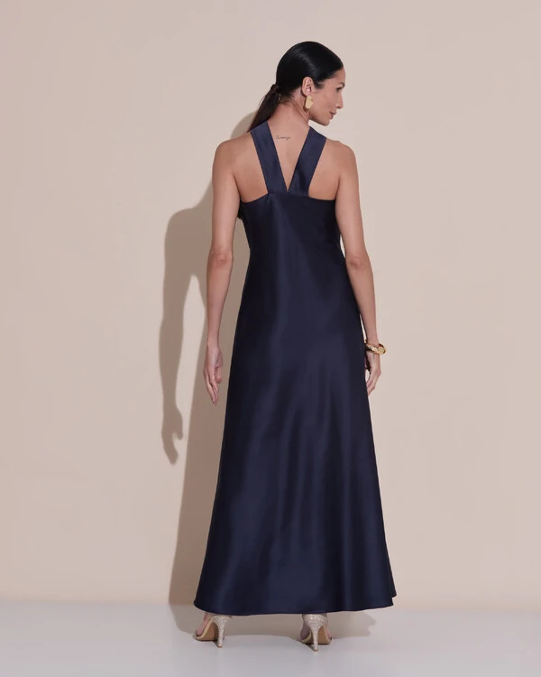 Vestido de Festa Midi Frente Única Cetim Azul Marinho