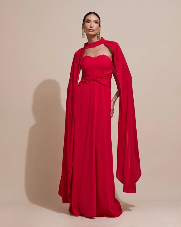 Vestido de Festa Longo Tomara Que Caia Crepe Chiffon Drapeado Capa Vermelho