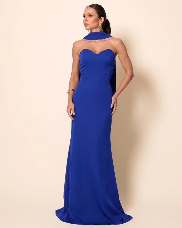 Vestido de Festa Longo Alfaiataria Tomara que Caia Saia Sereia com Lenço Azul Royal