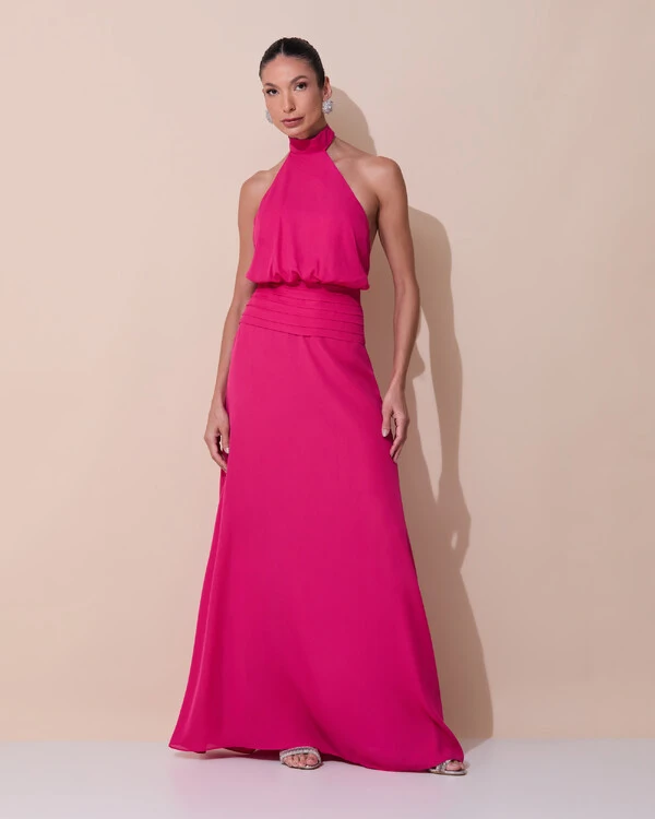 Vestido de Festa Longo Frente Única Busto Blousê Crepe Chiffon Drapeado Pink Escuro
