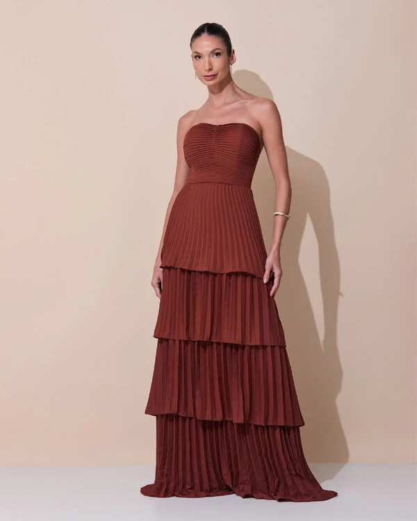 Vestido de Festa Longo Tomara que Caia Crepe Chiffon Plissado Camadas Marrom New