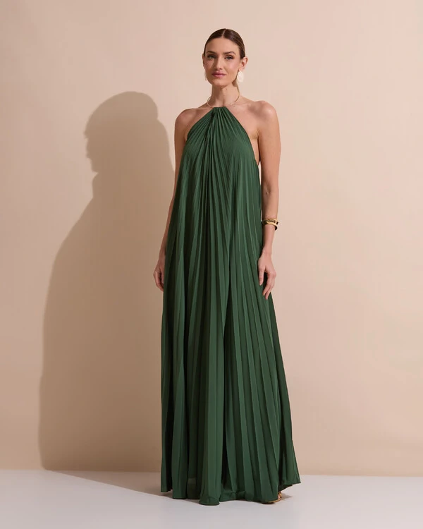 Vestido de Festa Longo Frente Única Plissado Crepe Chiffon Argola Verde Militar