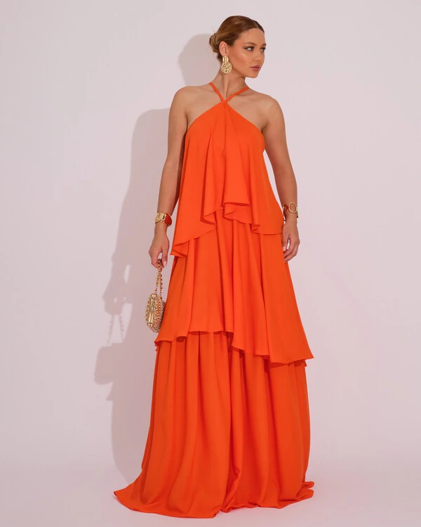 Vestido Longo Babado em Camadas Laranja