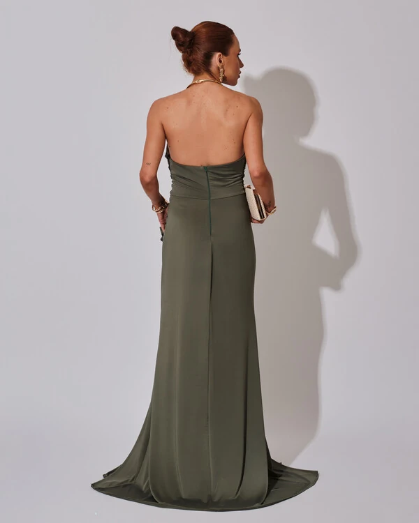 Vestido Longo Tomara que Caia Malha Fenda Verde Oliva