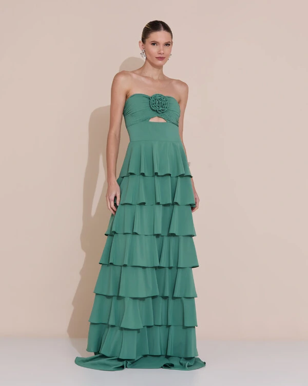 Vestido de Festa Longo Crepe Chiffon Tomara que Caia Plissado Flor Camadas Verde Matcha Escuro