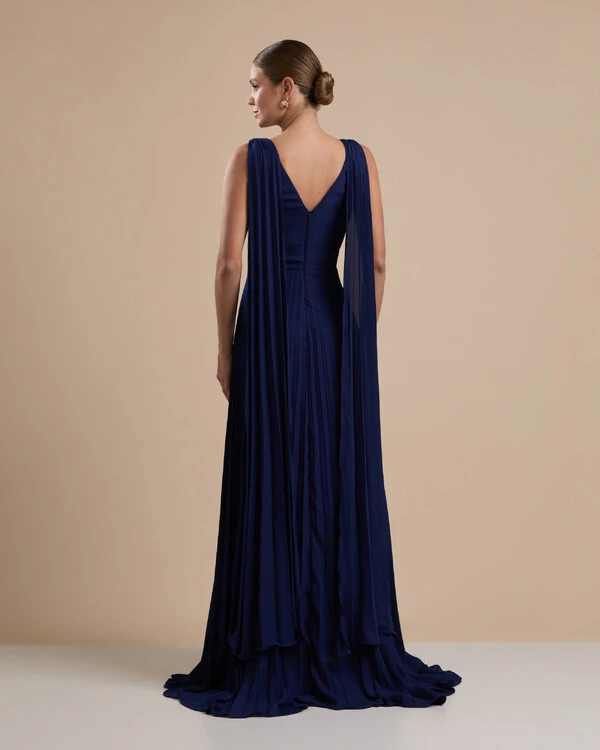 Vestido de Festa Longo Crepe Chiffon Plissado com Lenço nas Alças Azul Marinho