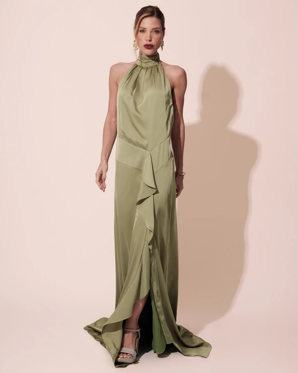 Vestido Longo de Festa Cetim Fluido Gola Alta e Babado Cascata Verde Pistache