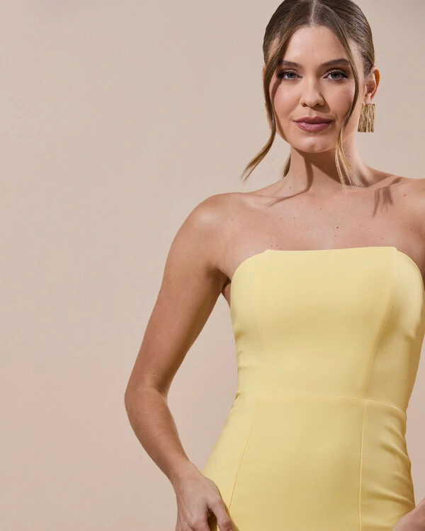 Vestido de Festa Longo Alfaiataria Tomara que Caia Saia Sereia Azul Amarelo Manteiga