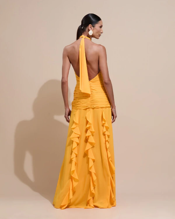 Vestido de Festa Longo Frente Única Crepe Chiffon Drapeado Babados Cascata Laranja Manga New