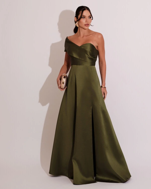 Vestido de Festa longo Faixa Ombro e Fenda Zibeline Verde Oliva