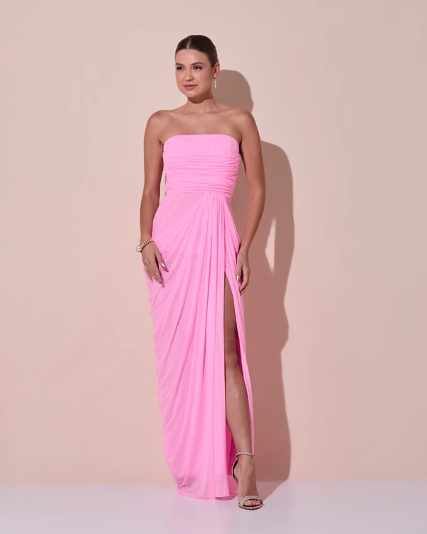 Vestido De Festa Longo Tomara que Caia Tule Drapeado Fenda Rosa Claro