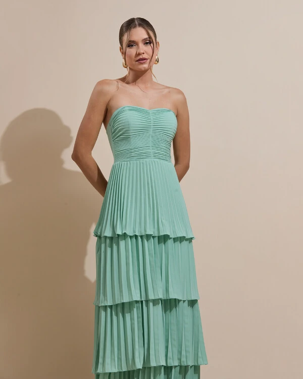 Vestido de Festa Longo Tomara que Caia Crepe Chiffon Plissado Camadas Verde Menta