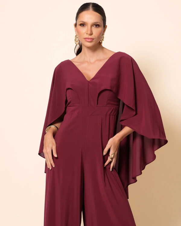 Macacão de Festa Longo Crepe Chiffon com Capa Marsala