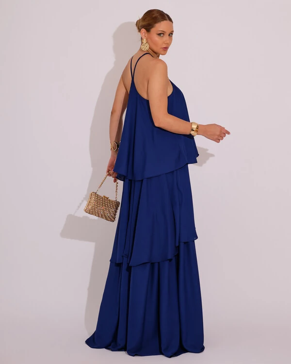 Vestido Longo Babado em Camada Azul Marinho