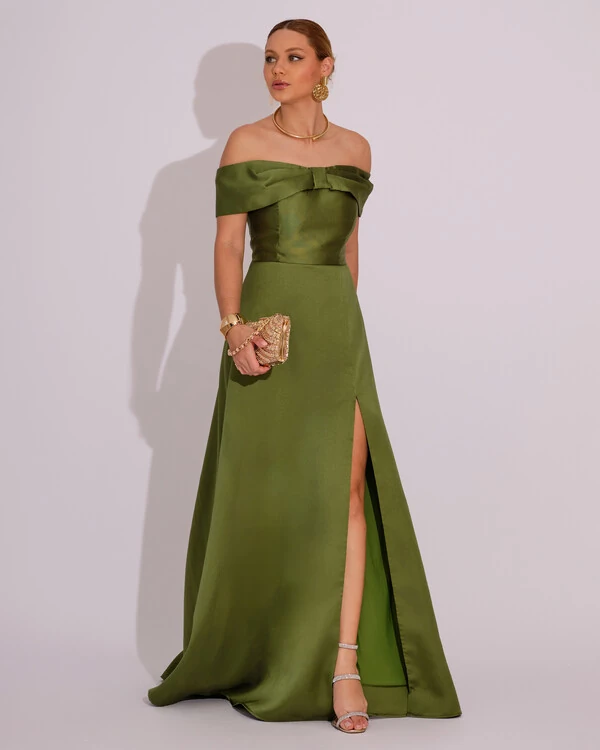 Vestido de Festa Longo Ombro a Ombro Laço Zibeline com Fenda Verde Oliva