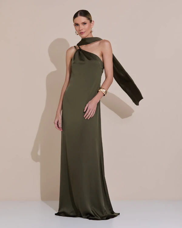 Vestido de Festa Longo em Cetim Fluido um Ombro Só com Lenço Verde Oliva