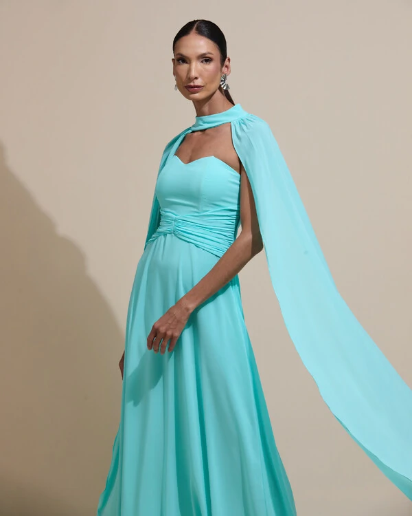 Vestido de Festa Longo Tomara Que Caia Crepe Chiffon Drapeado Capa Tiffany