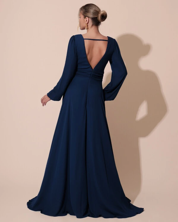 Vestido de Festa Manga Longa com Cintura Drapeada Decote V Azul Marinho