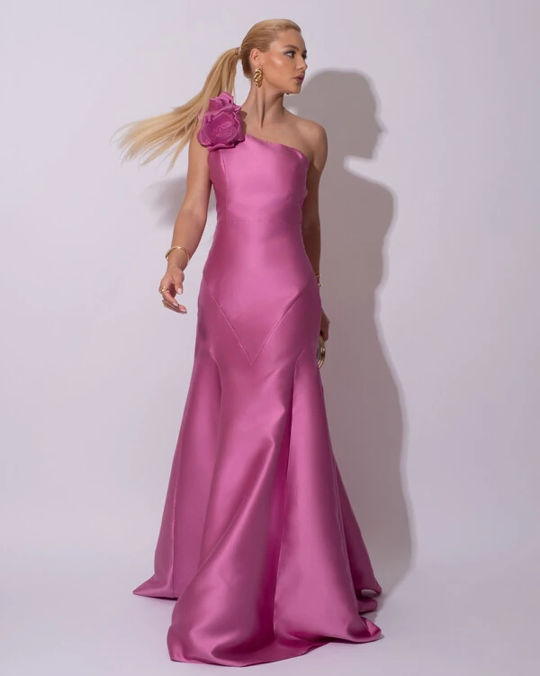 Vestido de Festa Longo Zibeline um Ombro Só Flor Removível Saia Sereia Rosa