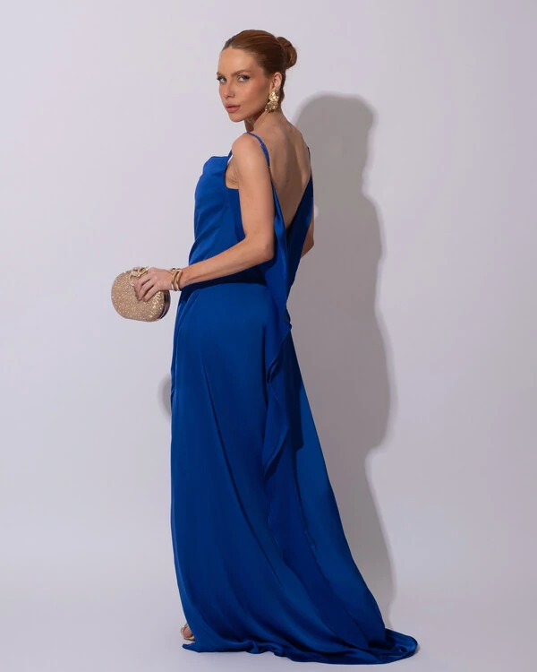 Vestido de Festa Longo Babado Costas Cetim Fluido e Fenda Azul Royal