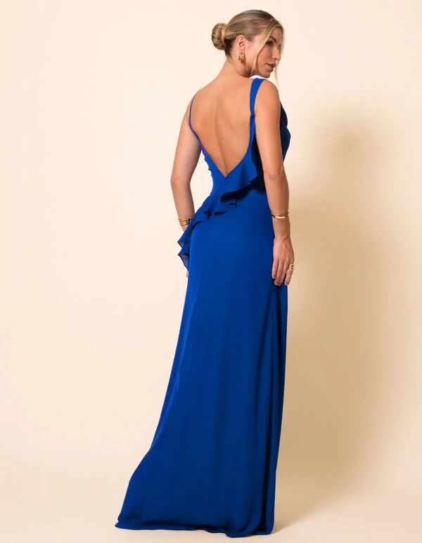 Vestido de Festa Longo Crepe Chiffon Degagê com Fenda e Babado Cascata Azul Royal