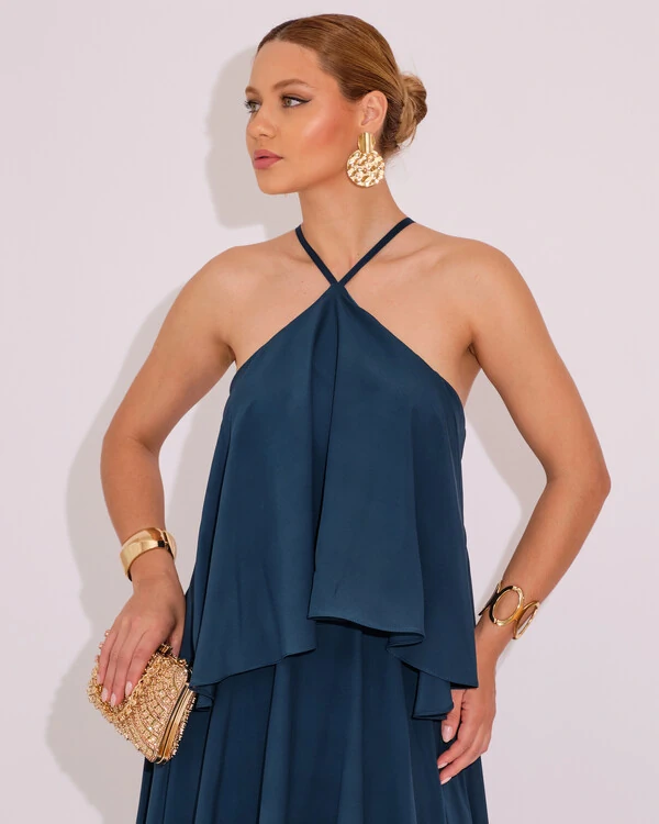 Vestido Longo Babado em Camadas Verde Escuro