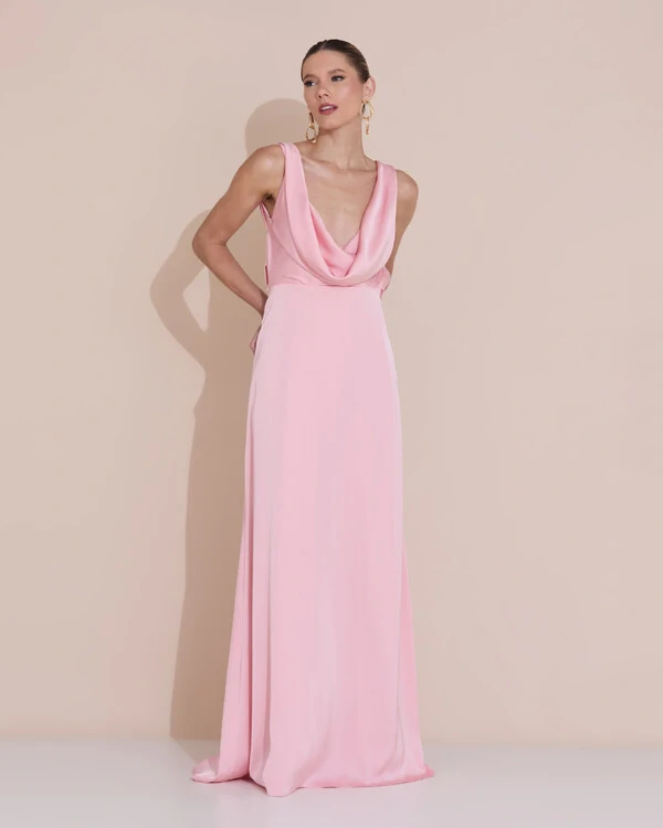 Vestido de Festa Longo Cetim Fluido Degagê Rose Gold