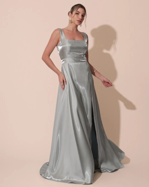 Vestido de Festa Longo Zibeline Cristal com Fenda e Faixa Verde Menta