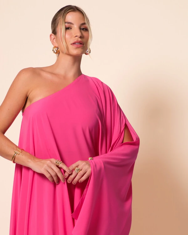 Vestido de Festa um Ombro com Capa Crepe Fluido Pink New