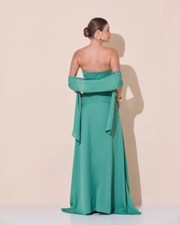 Vestido de Festa Longo Decote Coração Crepe Chiffon Drapeado Plissado Lenço Verde Matcha Escuro