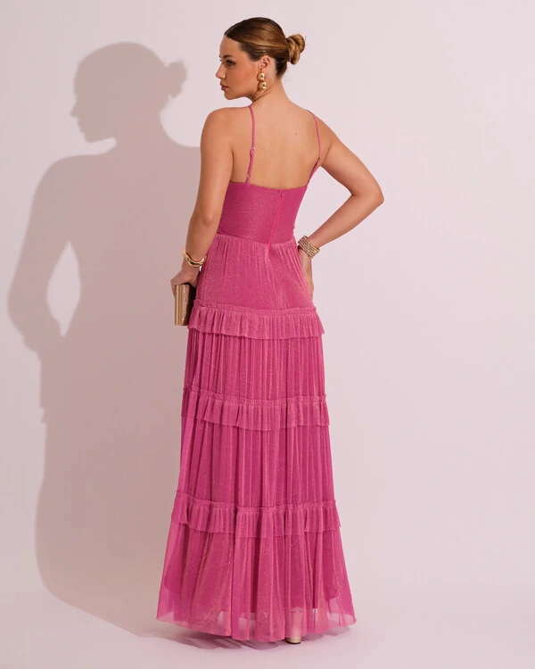 Vestido de Festa Longo Tule com Saia Babado Pink