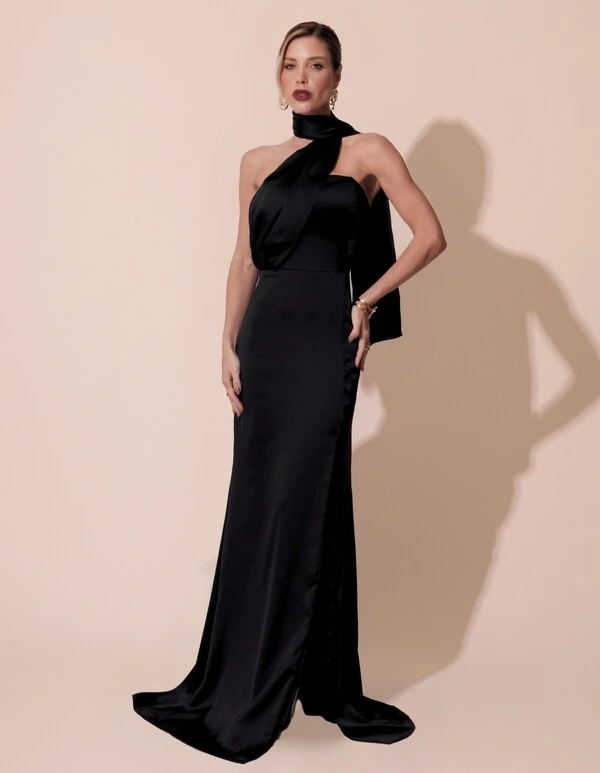 Vestido de Festa Longo Cetim Alfaiataria Tomara que Caia com Faixa Lenço Preto