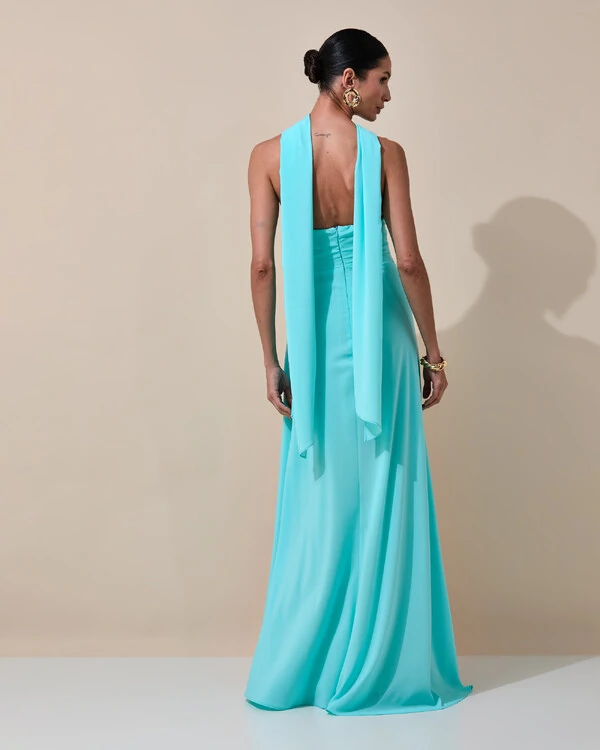 Vestido de Festa Longo Tomara que Caia Crepe Chiffon Decote Coração Lenço Tiffany