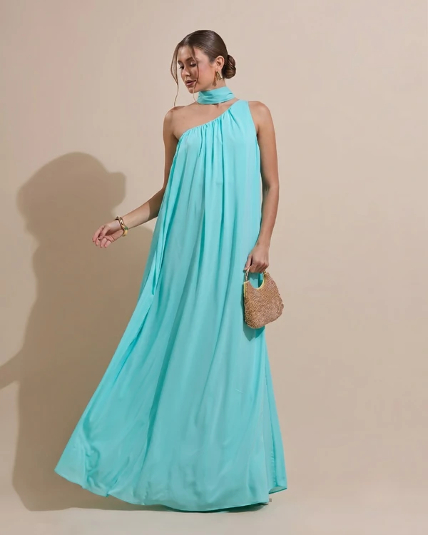 Vestido de Festa Longo Crepe Fluido um Ombro Só com Lenço Tiffany