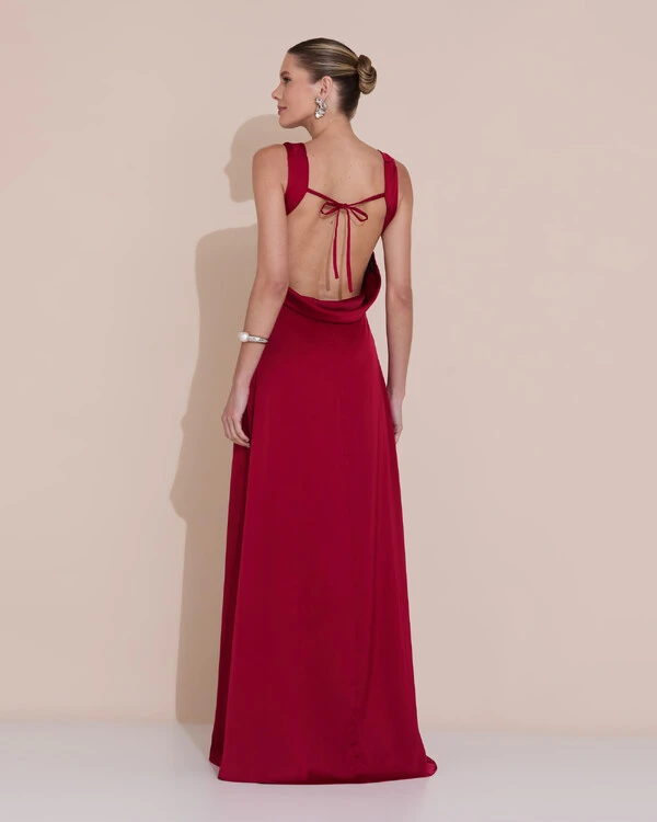 Vestido de Festa Longo Cetim Fluido Degagê Marsala