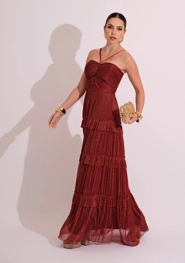 Vestido de Festa Longo Tule com Saia Babado Marsala