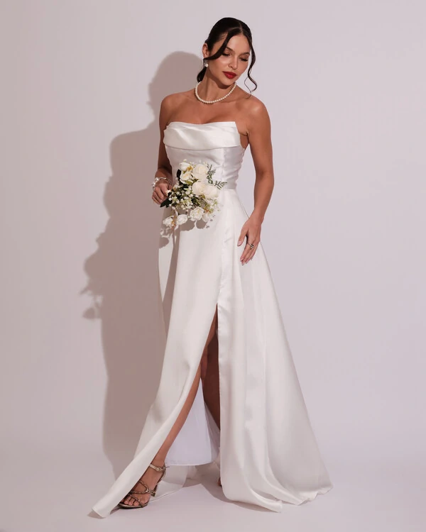 Vestido de Festa Longo Tomara que Caia Trançado Costa em Zibeline Branco