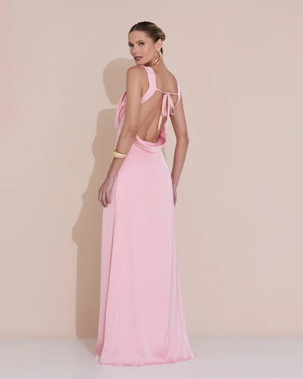 Vestido de Festa Longo Cetim Fluido Degagê Rose Gold