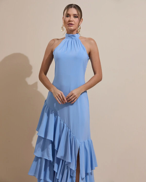 Vestido de Festa Longo Chiffon Crepe Gola Alta Babados Serenity