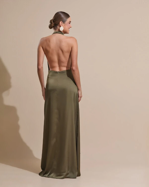 Vestido de Festa Longo Cetim Frente Única Degagê com Faixa Drapeada Verde Oliva