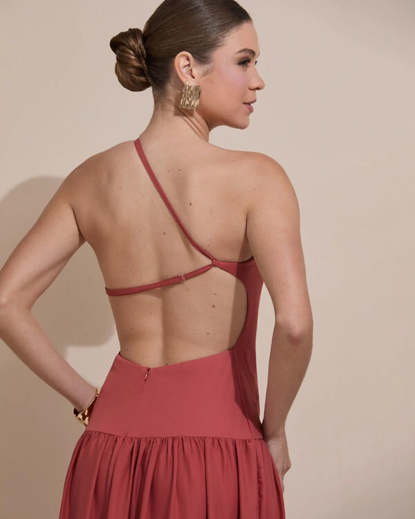Vestido de Festa Longo Um ombro Só Crepe Chiffon Saia Fluida Terracota