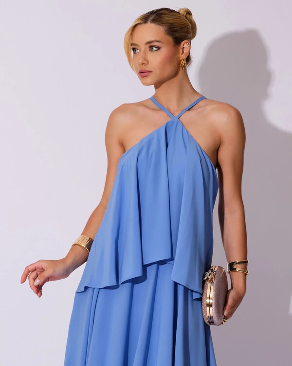 Vestido Longo Babado em Camadas Azul Atlantis