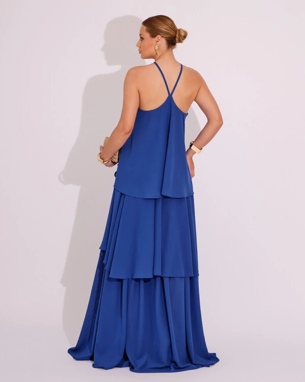 Vestido Longo Babado em Camadas Azul Royal