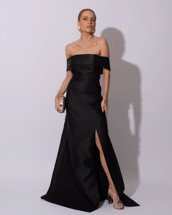Vestido de Festa Longo Zibeline Ombro a Ombro Drapeado e Fenda Preto