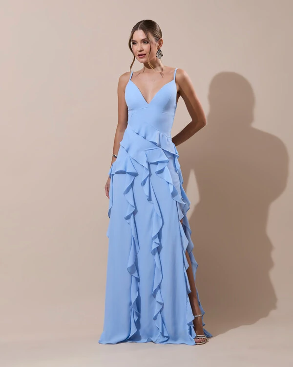 Vestido de Festa Longo Decote V Crepe Chiffon Babados Cascata e Fenda Serenity
