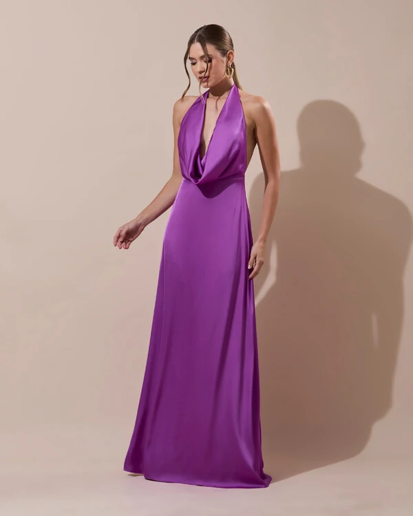 Vestido de Festa Longo Frente Única Degagê Cetim Fluido Fúcsia