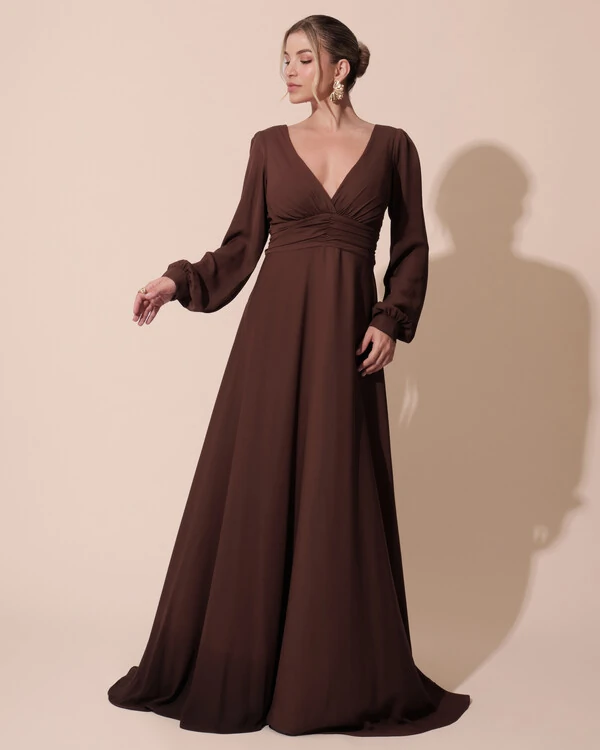 Vestido de Festa Manga Longa com Cintura Drapeada Decote V Marrom